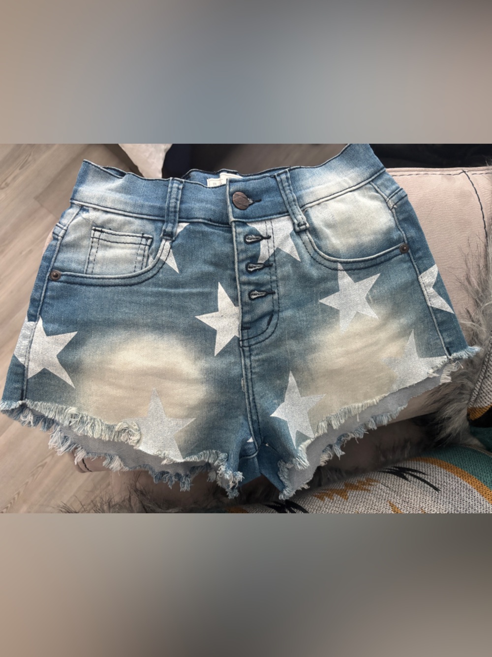 High-Rise Star Print Denim Shorts - Blue